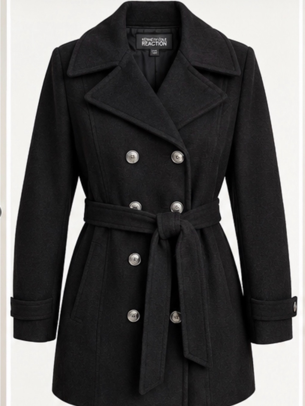 Kenneth Cole Reaction Black Double-Breasted Belted Pea Coat
